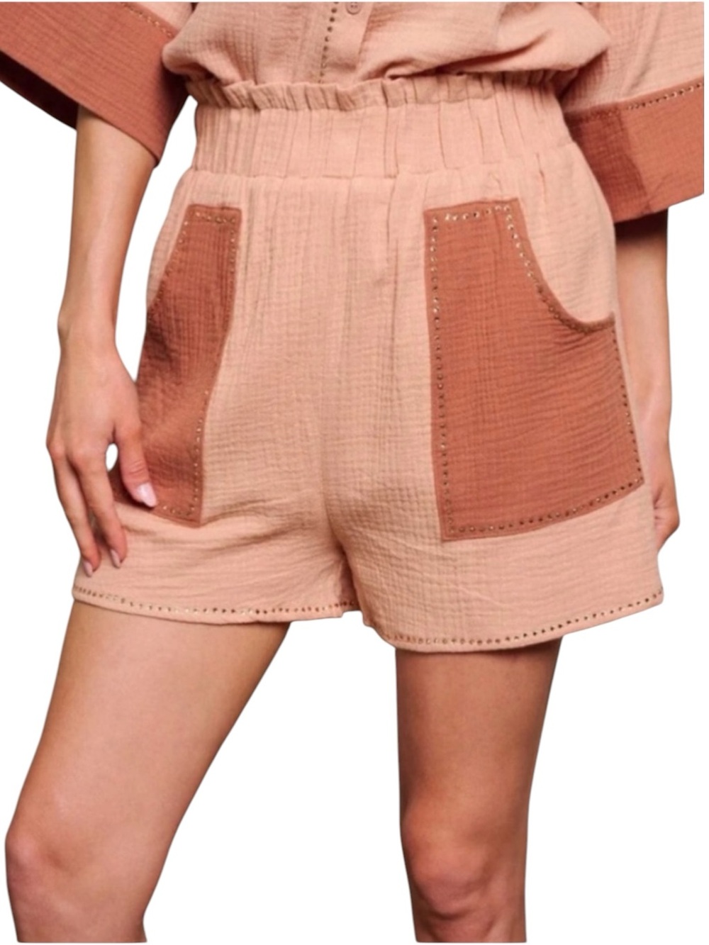 Peach Love California Gauze Rhinestone Shorts M Pink Boho Coastal